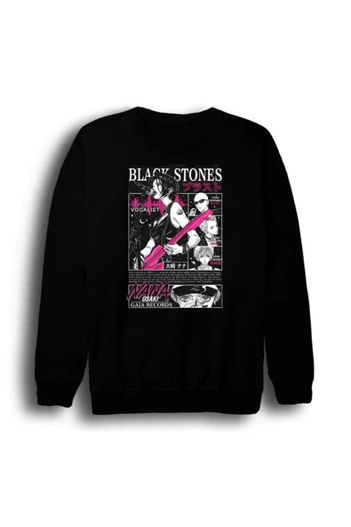 fame-stoned Black Stones Nana Baskılı Unisex %100 Pamuk Bisiklet Yaka Siyah Sweatshirt