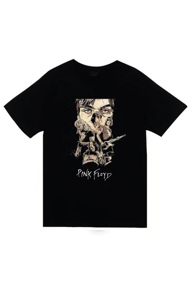 Pink Floyd Sürreal yüz kolajı baskılı siyah tişört