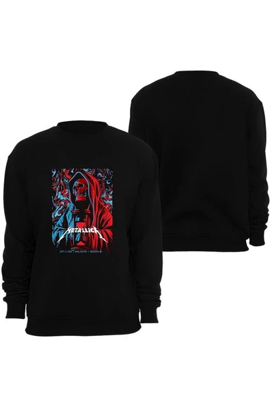 Metallica Kırmızı-mavi kapusonlu figur afisi baskılı siyah sweatshirt