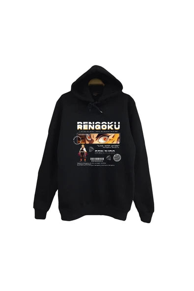fame-stoned Demon Slayer Kyojuro Rengoku Baskılı Unisex %100 Pamuk Kapüşonlu Siyah Sweatshirt