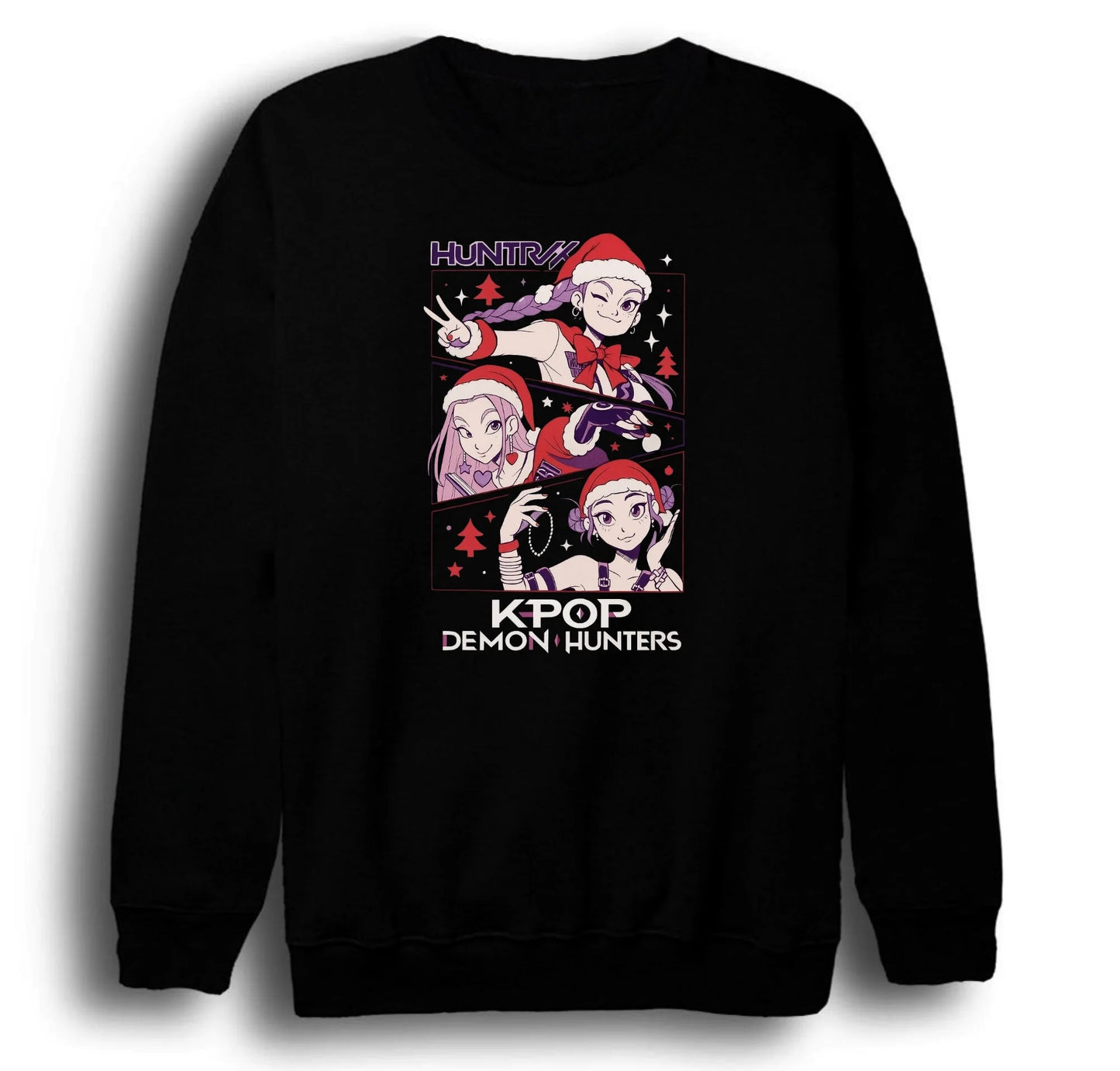 K-Pop Demon Hunters - Yılbaşı Baskılı Unisex %100 Pamuk Bisiklet Yaka Siyah Sweatshirt
