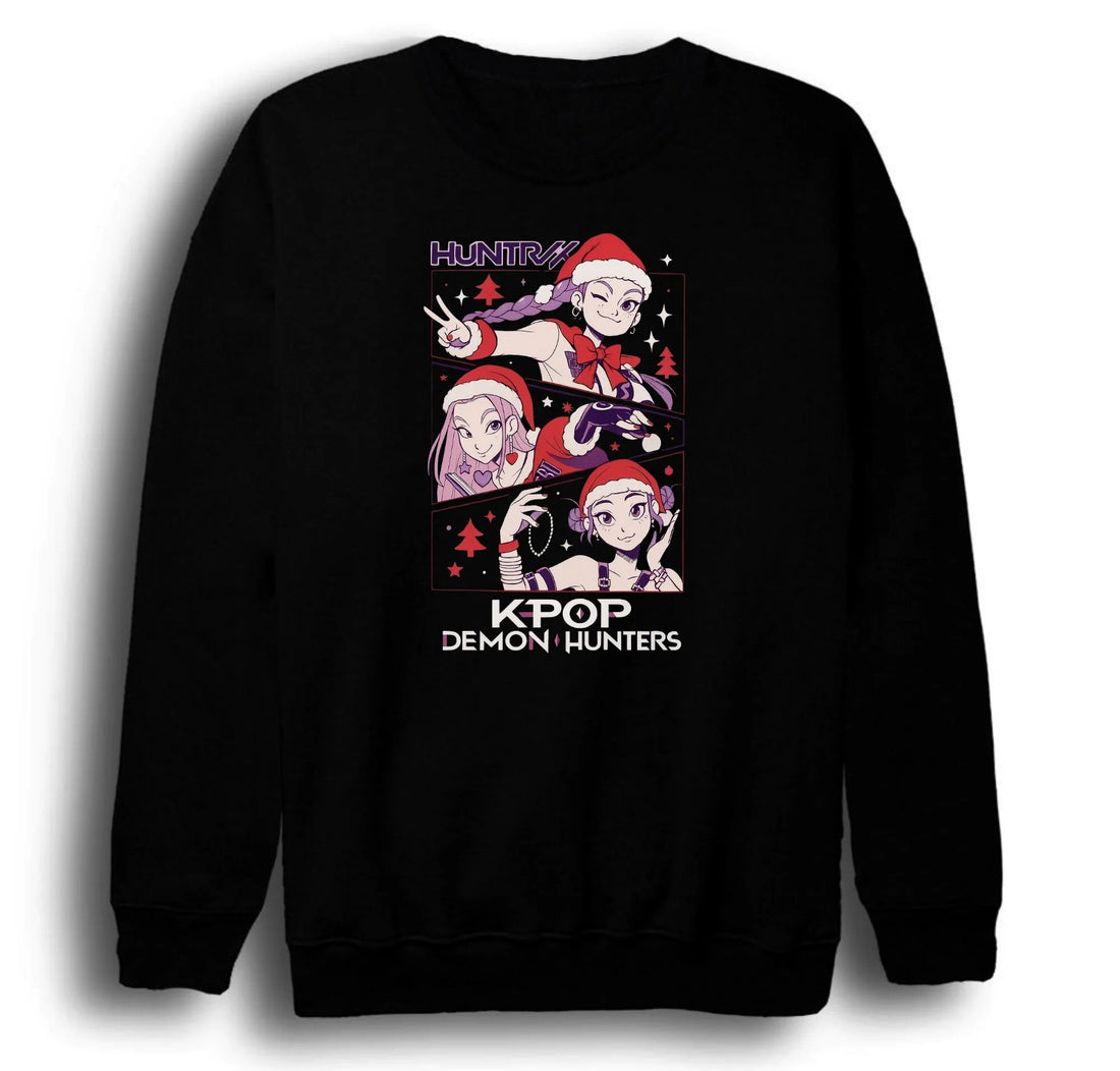 K-Pop Demon Hunters - Yılbaşı baskılı siyah sweatshirt