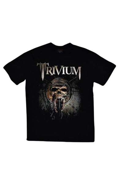 Erkek Siyah Trivium Logosu ve zırhlı kurukafa baskılı siyah tişört