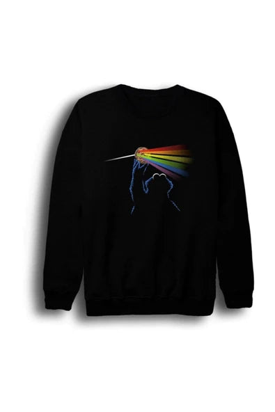 Pink Floyd Prizmadan çıkan gökkuşağı ışını baskılı siyah sweatshirt