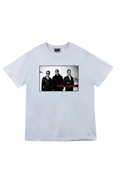 fame-stoned Depeche Mode Baskılı Unisex %100 Pamuk Beyaz T-shirt