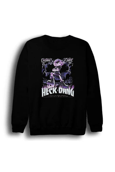 Murder Drones Mor tonlu fantastik karakter baskılı siyah sweatshirt