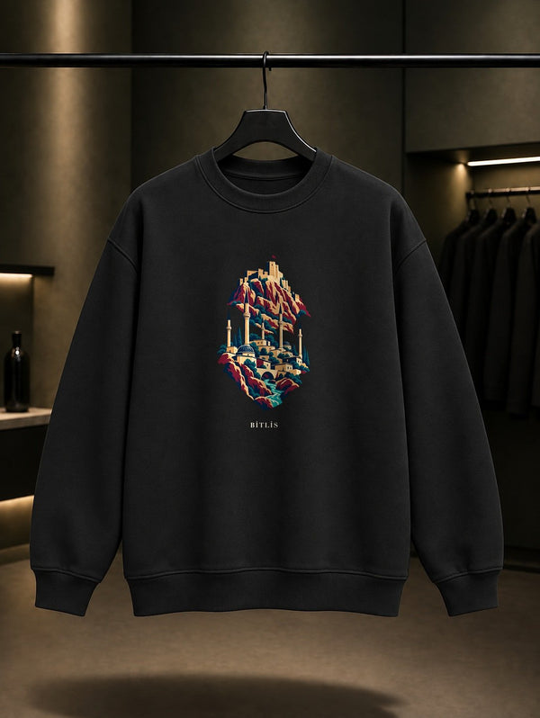 Bitlis Kalesi ve Beş Minare Sweatshirt – Siyah