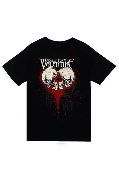 Bullet For My Valentine Kurukafalar ve kanlı kalp baskılı siyah tişört