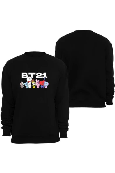 Bt21 Bts Anime Logosu ve sekiz karakterin baskılı siyah sweatshirt