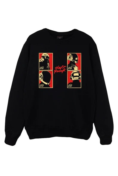 fame-stoned Daft Punk Baskılı Unisex %100 Pamuk Siyah Bisiklet Yaka Sweatshirt