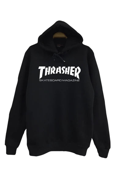 Thrasher baskılı siyah kapüşonlu sweatshirt