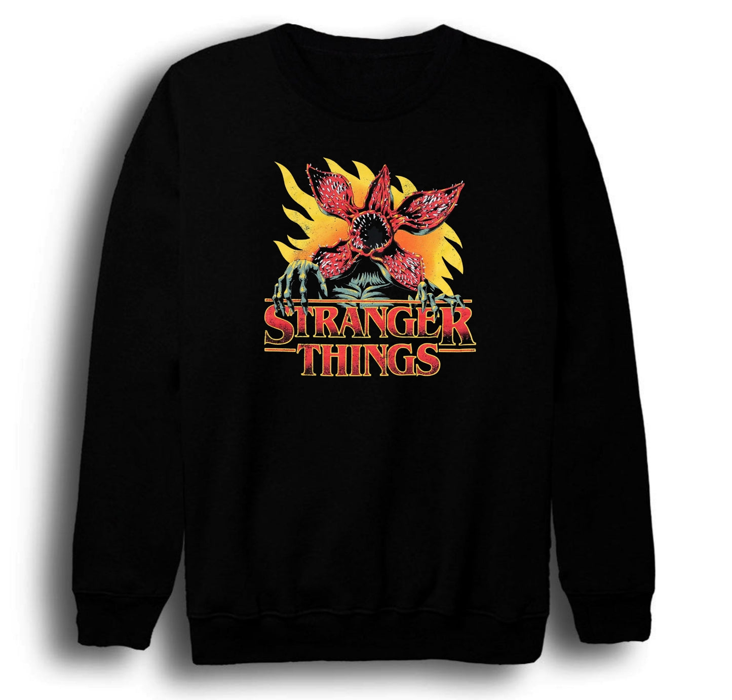 Stranger Things Demogorgon Baskılı Unisex %100 Pamuk Bisiklet Yaka Siyah Sweatshirt
