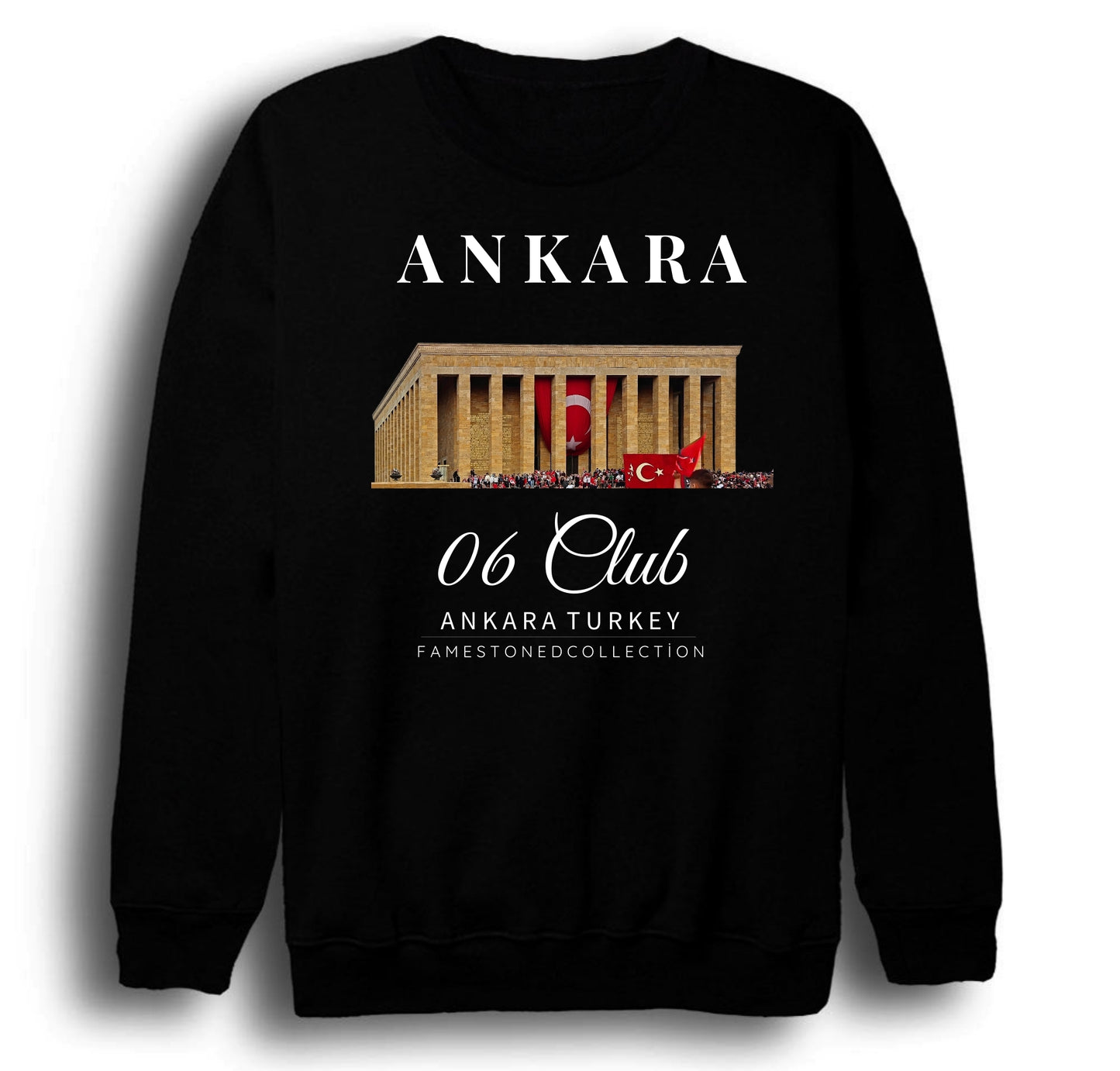 Ankara06AnıtkabirAtatürk Türk Bayrağı Şehir Baskılı Unisex %100 Pamuk Bisiklet Yaka Siyah Sweatshirt