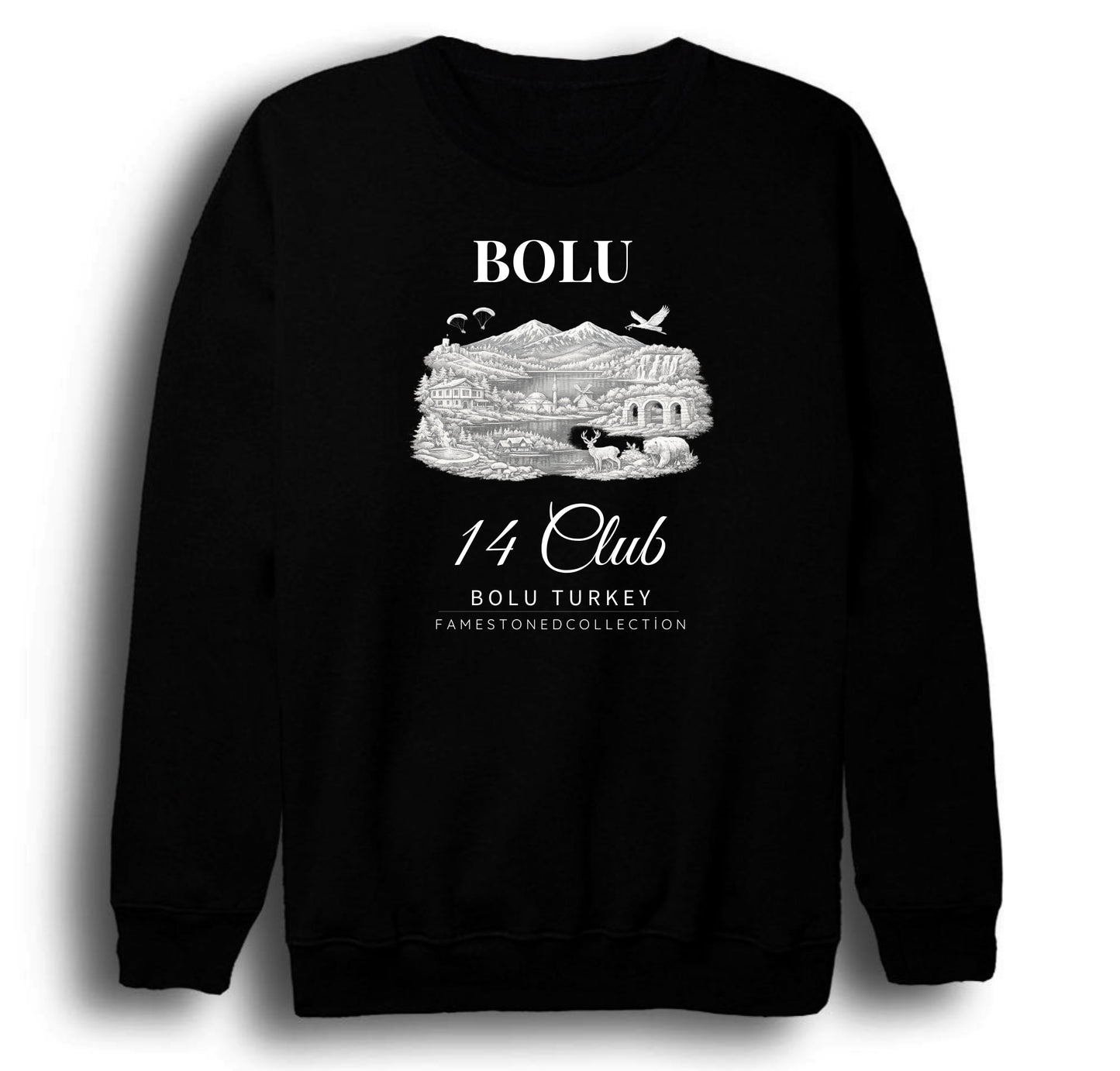 Bolu Abant Yedigöller Gölcük Doğa Şehir Baskılı Unisex %100 Pamuk Bisiklet Yaka Siyah Sweatshirt