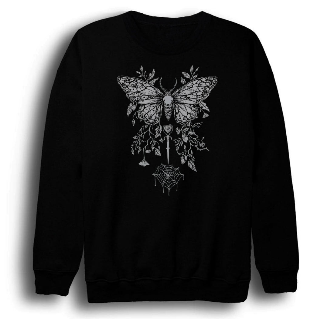 Gothic Gotik güve/kelebek, hançer baskılı siyah sweatshirt