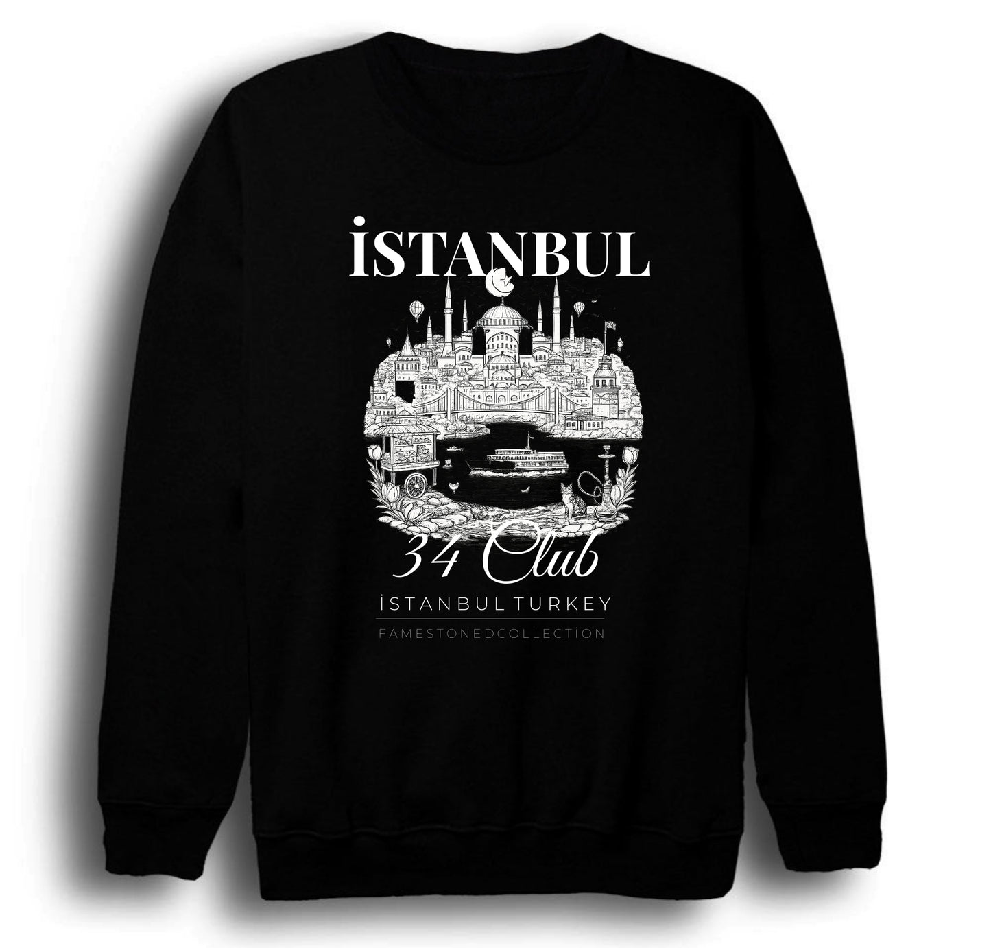 İstanbul 34 Boğaz Ayasofya Galata - Şehir Baskılı Unisex %100 Pamuk Siyah Bisiklet Yaka Sweatshirt