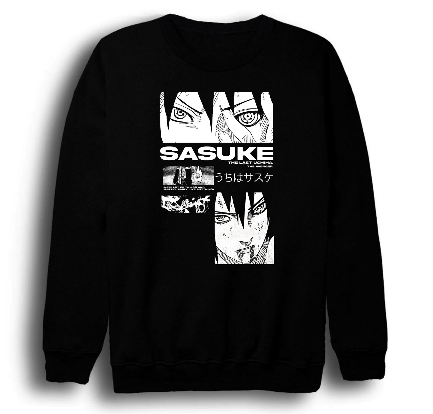 Naruto - Sasuke Uchiha - Anime Baskılı Unisex %100 Pamuk Bisiklet Yaka Siyah Sweatshirt