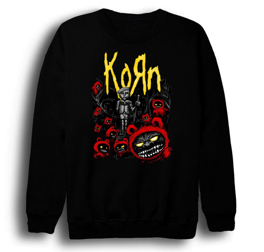 Korn - Band Sarı logo, robot çocuk baskılı siyah sweatshirt
