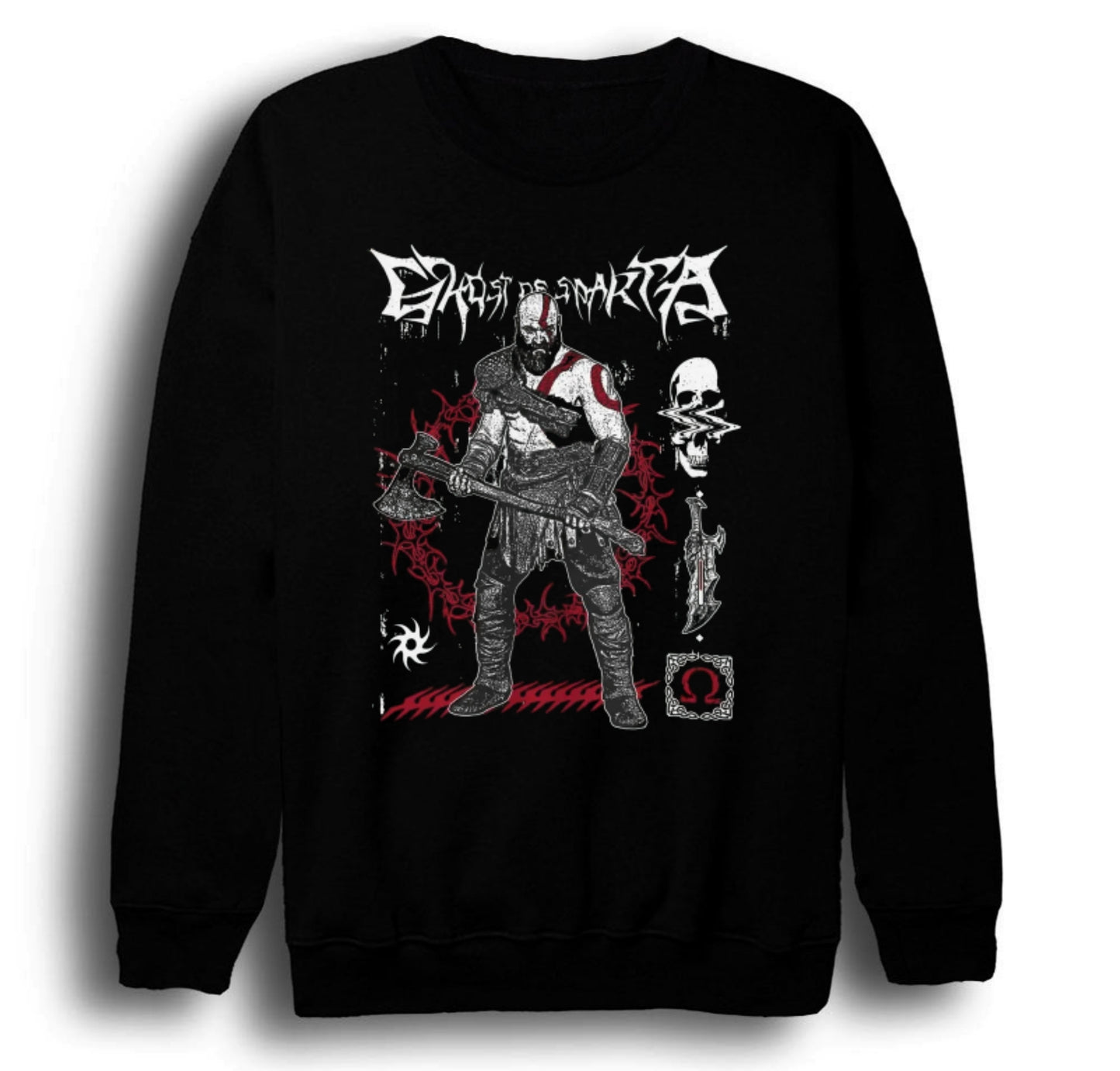 God Of War - Kratos - Oyun Baskılı Unisex %100 Pamuk Bisiklet Yaka Siyah Sweatshirt