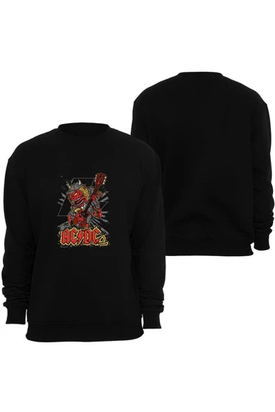 Acdc Angus Young karikatür illüstrasyonu baskılı siyah sweatshirt