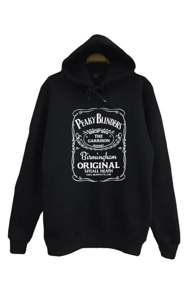 Siyah Peaky Blinders Jack Daniels tarzı etiket baskılı siyah kapüşonlu sweatshirt