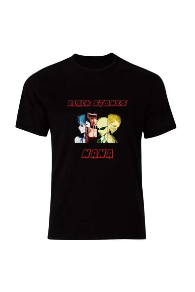 fame-stoned Black Stones Nana Karakterli Anime Baskılı Unisex %100 Pamuk Siyah T-shirt