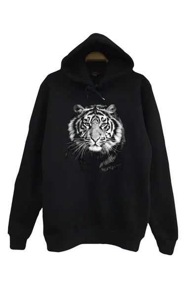 Kaplan Siyah-beyaz portresi baskılı siyah kapüşonlu sweatshirt