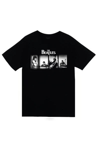 The Beatles Dört üyenin siyah beyaz baskılı siyah tişört