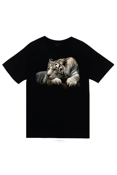 fame-stoned Kaplan Baskılı Unisex %100 Pamuk Siyah T-shirt