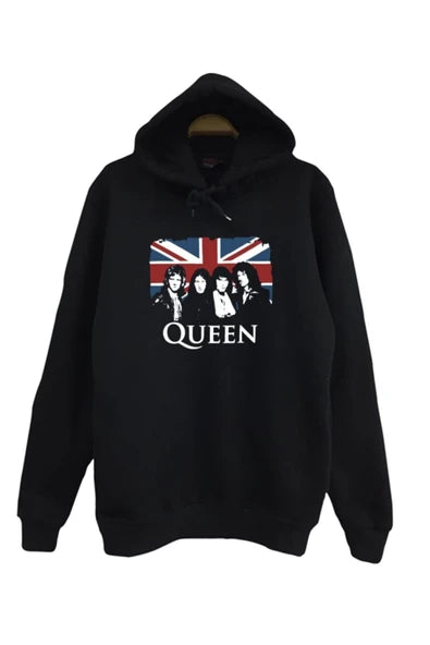 Queen İngiliz bayrağı önünde grup baskılı siyah kapüşonlu sweatshirt