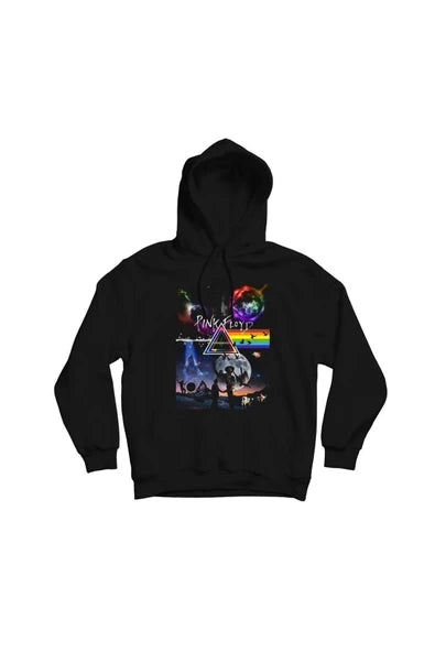 Pink Floyd Albüm kapaklarından oluşan renkli baskılı siyah kapüşonlu sweatshirt