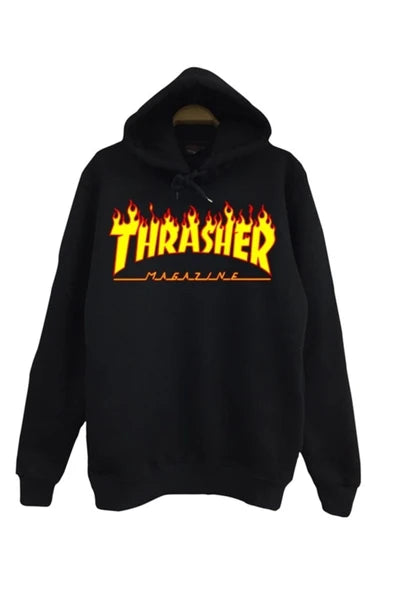 Thrasher baskılı siyah kapüşonlu sweatshirt