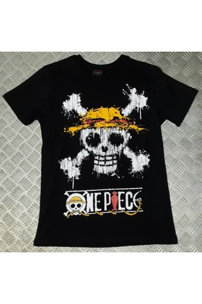 One Piece Hasır Şapka korsan bayrağı baskılı siyah tişört