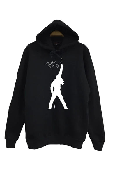 Queen Freddie Mercury zafer pozu baskılı siyah kapüşonlu sweatshirt