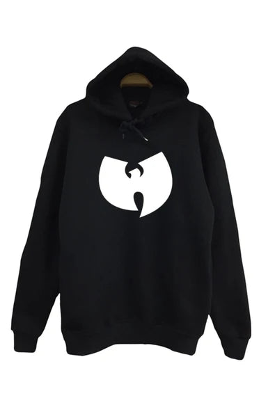 Wutang Beyaz W logosu baskılı siyah kapüşonlu sweatshirt