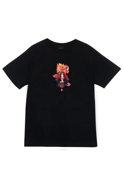 fame-stoned Itachi Uchika Anime Baskılı Unisex %100 Pamuk Siyah T-shirt