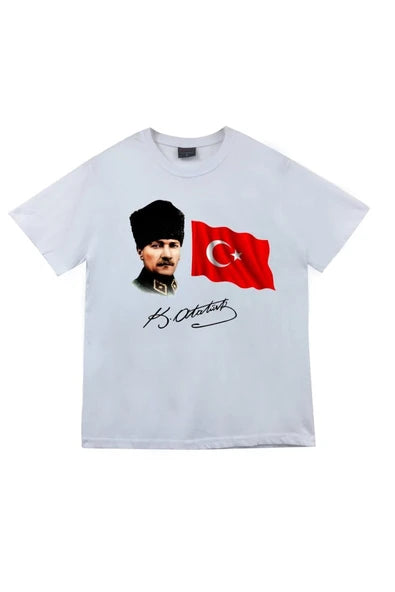 fame-stoned Gazi Mustafa Kemal Atatürk Baskılı Unisex %100 Pamuk Beyaz T-shirt