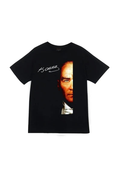 fame-stoned Gazi Mustafa Kemal Atatürk Baskılı Unisex %100 Pamuk Siyah T-shirt