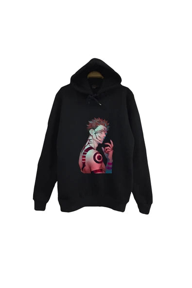 fame-stoned Jujutsu Kaisen Anime Baskılı Unisex %100 Pamuk Siyah Kapüşonlu Sweatshirt