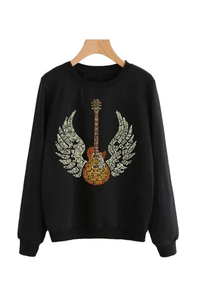 fame-stoned Gitar Baskılı Unisex %100 Pamuk Siyah Bisiklet Yaka Sweatshirt
