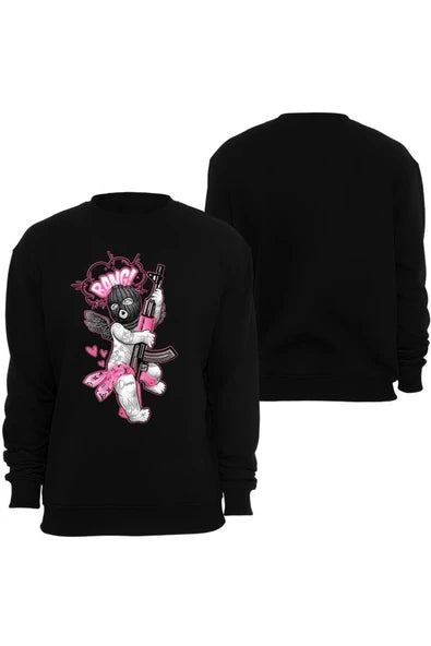 Gangsta Pembe grafiti tarzi tufekli baskılı siyah sweatshirt