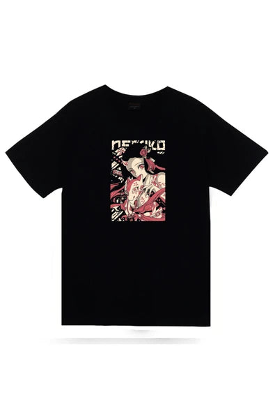 Demon Slayer Nezuko Kamado Anime poster baskılı siyah tişört