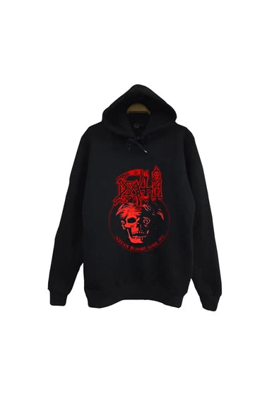 Death Kırmızı kurukafa album baskılı siyah kapüşonlu sweatshirt