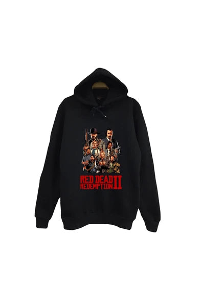 Red Dead Redemption 2 II karakter kolajı baskılı siyah kapüşonlu sweatshirt