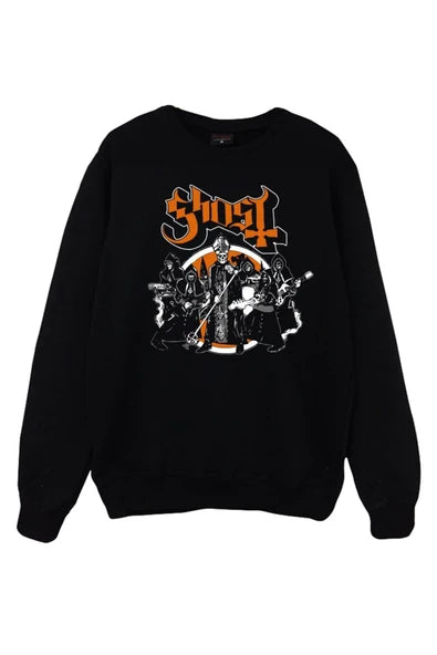 Ghost Turuncu logo ve grup baskılı siyah sweatshirt