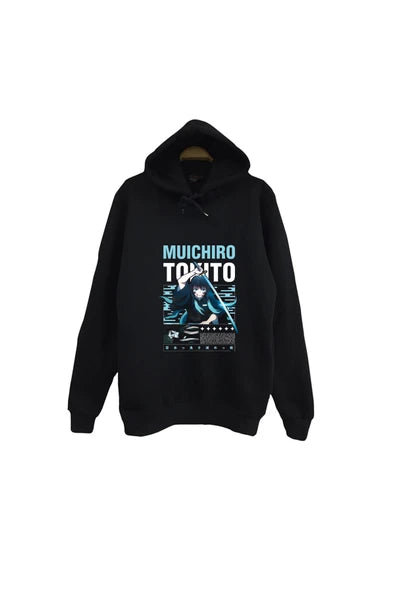 Demon Slayer Muichiro Tokito Kimetsu no Yaiba baskılı siyah kapüşonlu sweatshirt