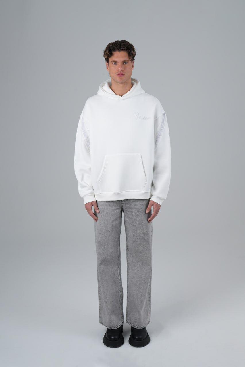 X-Cross Nakış Detaylı %100 Pamuk Oversize Kapüşonlu Unisex Sweatshirt