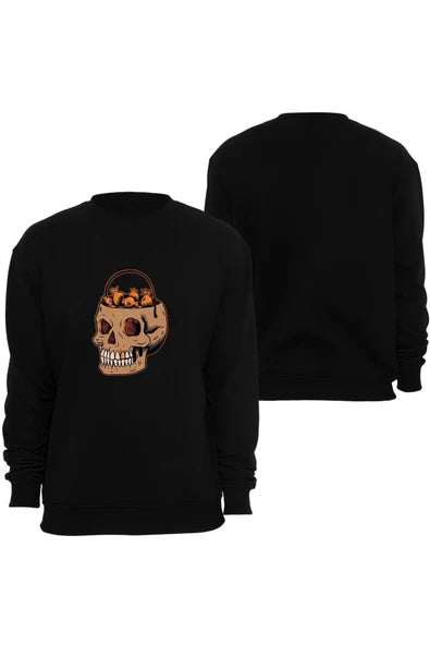 Halloween ( Cadılar Bayramı ) Kafatasının içinden çıkan mantarlar baskılı siyah sweatshirt