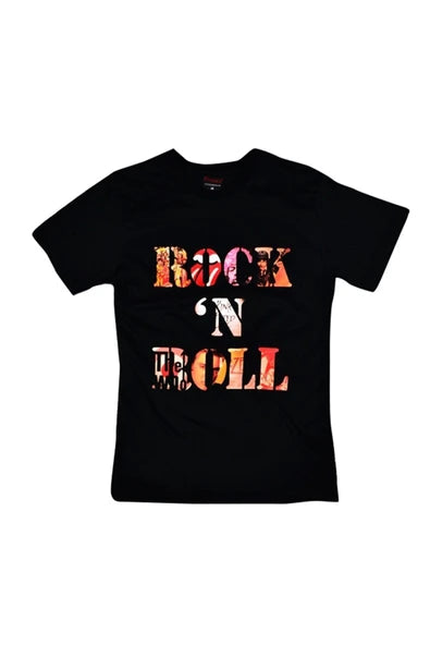 fame-stoned Rock And Roll Baskılı Unisex %100 Pamuk Siyah T-shirt