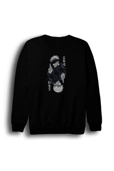 fame-stoned Jujutsu Kaisen Anime Baskılı Unisex %100 Pamuk Siyah Bisiklet Yaka Sweatshirt